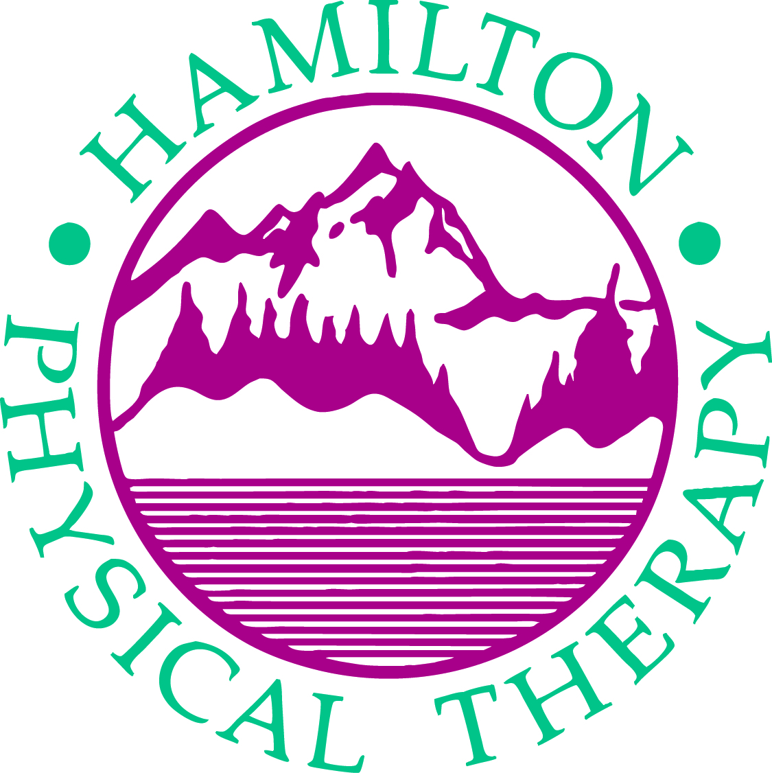 Round logo featuring a mountain scene above horizontal lines, symbolizing water. text 