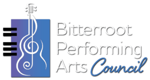 Logo of the bitterroot performing arts council featuring a stylized violin graphic in white on a blue background, accompanied by the council’s name in elegant, black typography.