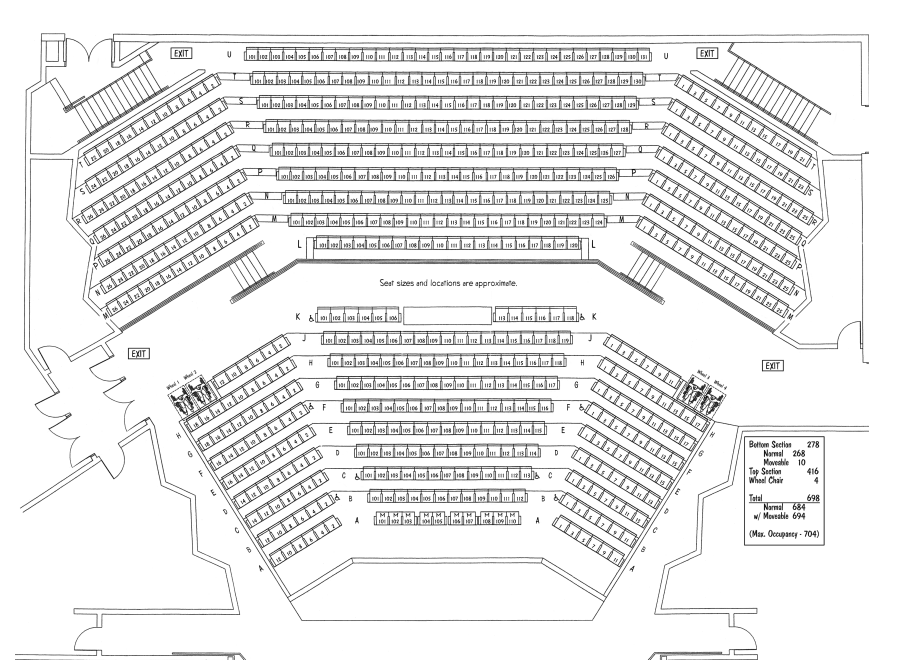 Architectural floor plan of an auditorium with multiple rows of seating divided into sections, marked exits, and labeled sections for seating capacity and other room details.