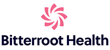 Logo of bitterroot health featuring a stylized pink spiral above the name in blue text.