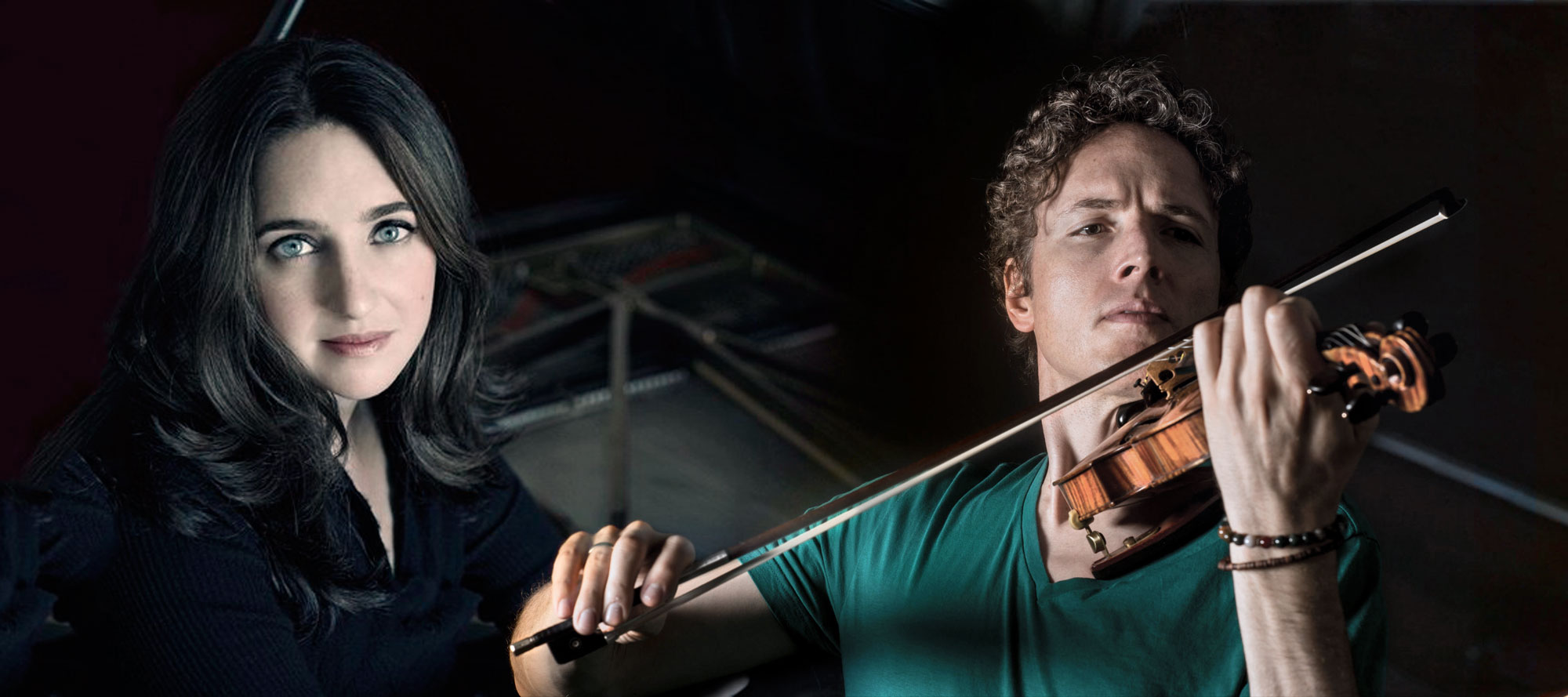 A split image featuring a woman with long dark hair and a man playing a violin, both gazing intently at the camera, set against a dark, industrial backdrop.