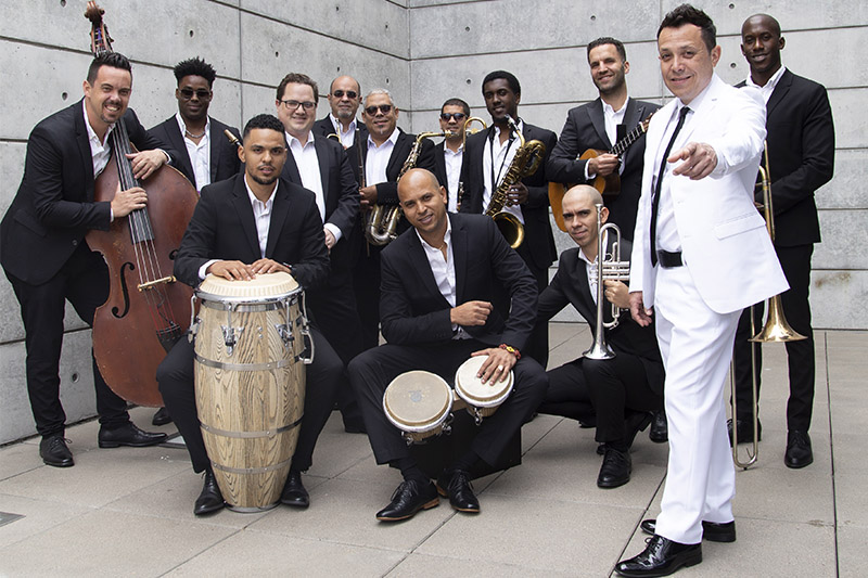 A diverse group of twelve male musicians in formal wear, with various instruments like saxophone, trumpet, and drums, posing together on a concrete stairway, with one man pointing towards the camera.