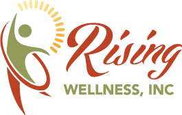 Logo of rising wellness, inc., featuring an abstract figure with raised arms forming part of the sun, in orange and green colors, next to stylized orange text 