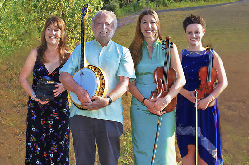 Four musicians, three holding stringed instruments and one with a banjo, stand smiling in a sunlit field. they wear semi-formal attire and exude a cheerful aura.