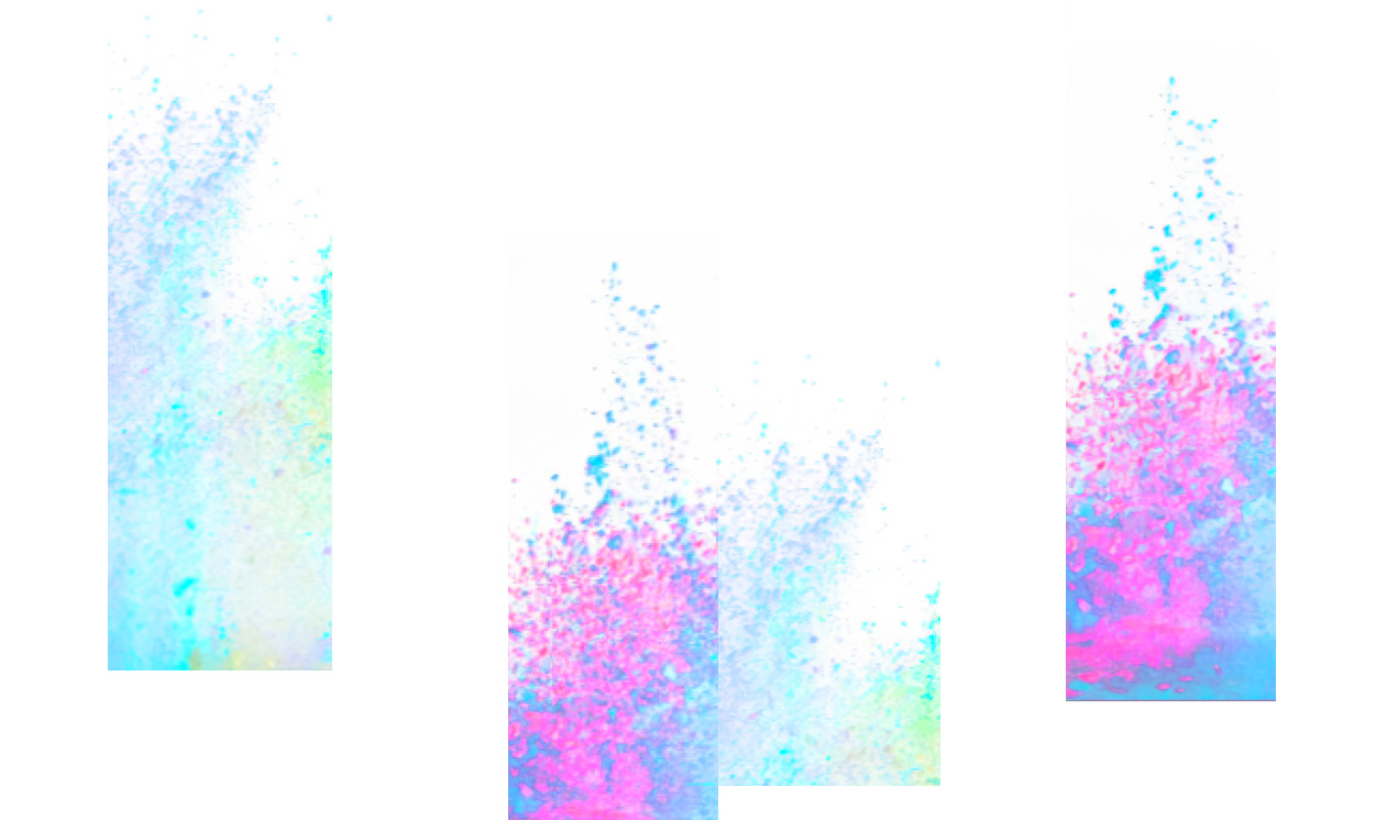 Three vertical panels displaying colorful paint splashes, transitioning from blue and green on the left to a vibrant mix of pink, blue, and purple on the right, against white backgrounds.