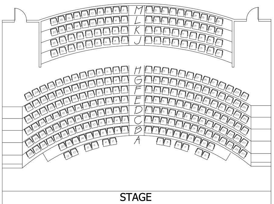 Illustration of a theater seating plan, showing a symmetric layout of alphabetically labeled rows curving around a central stage. rows are designated from a to l.